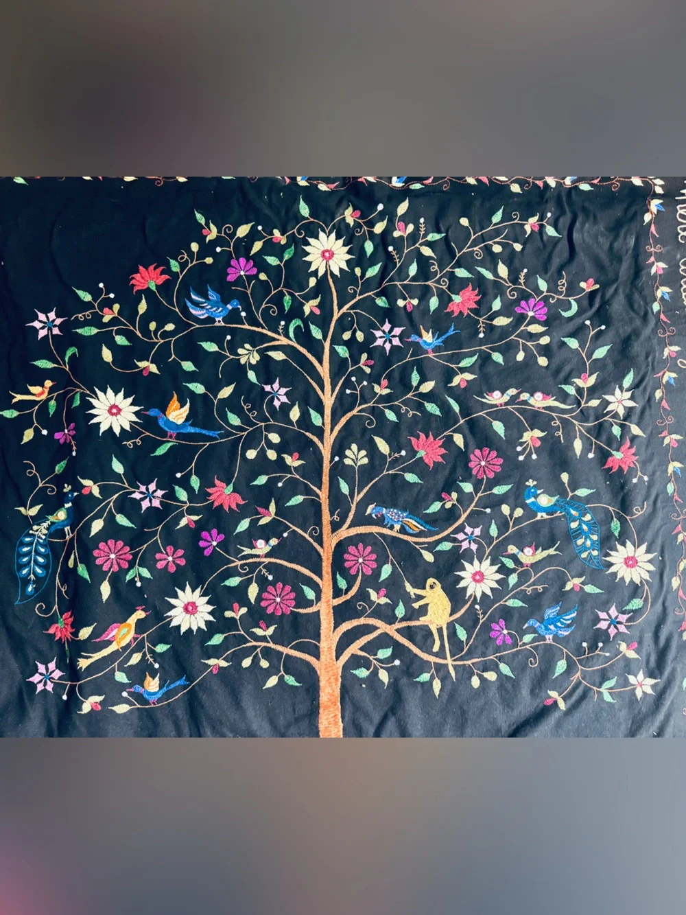 Ten Thousand Black Tree of Life Tapestry with Colorful Embroidery